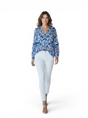 Lilly Pulitzer Blouse XS | Blue White Print Long Sleeve | Resort Preppy Boho